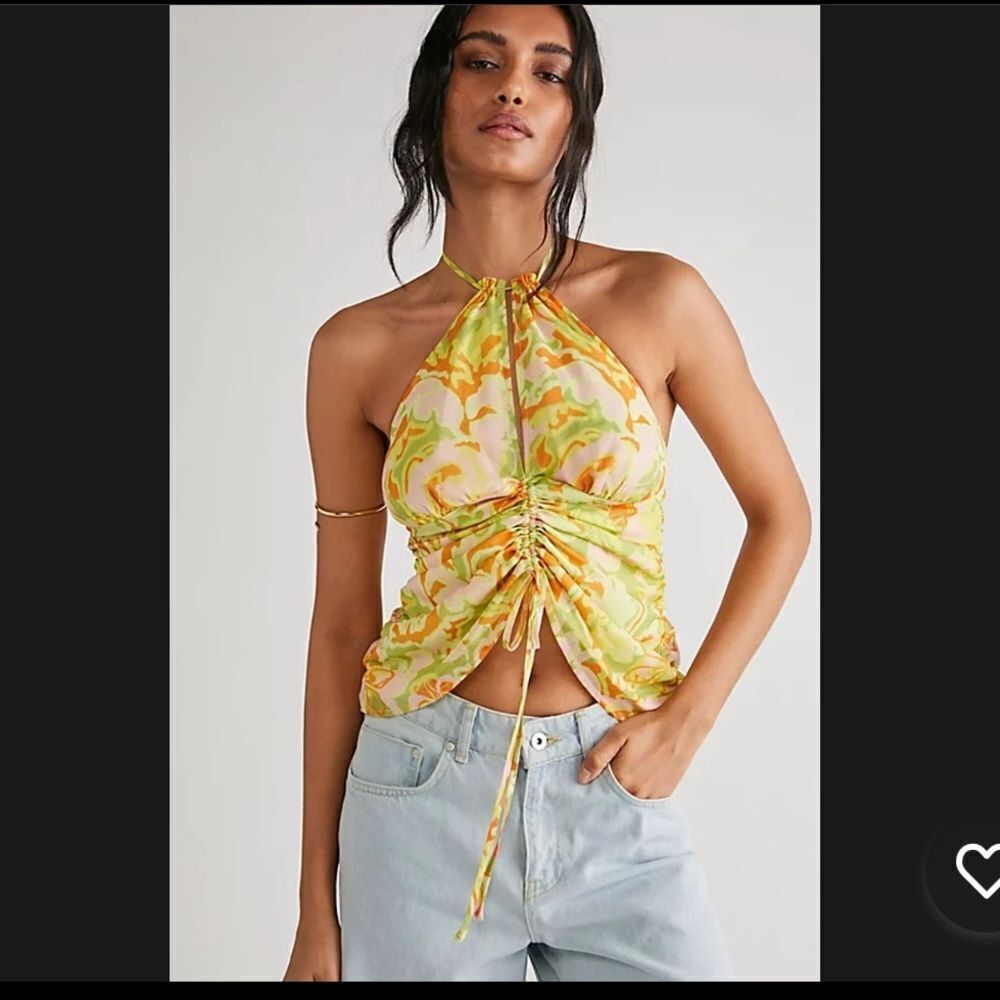 Free People Kyle Printed Top Halter Smocked Citrus Combo Drawstring